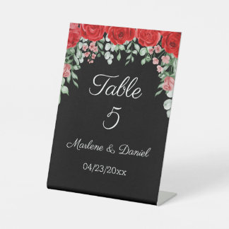 Elegant black and Red floral Wedding table number Pedestal Sign