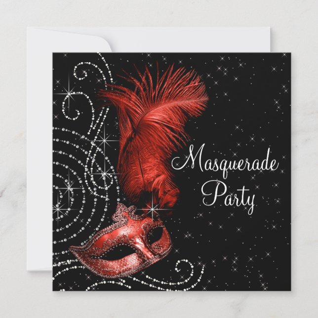 Elegant Black and Red Masquerade Party Invitation (Front)
