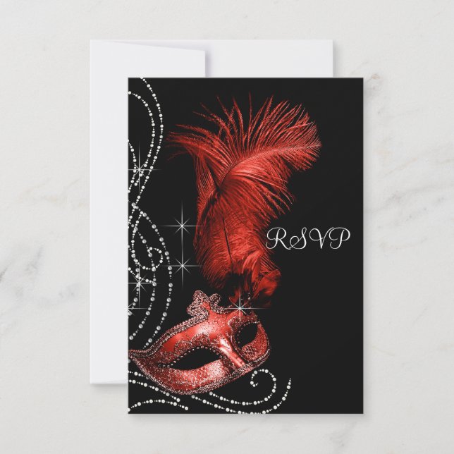 Elegant Black and Red Masquerade Party RSVP Card (Front)