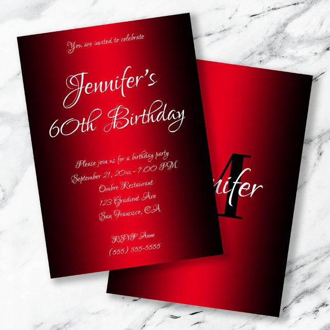 Elegant Black and Red Ombre 60th Birthday Invitation (Black and Red Ombre Monogrammed Birthday Invite)