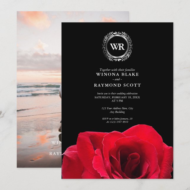 Elegant Black and Red Rose Silver Laurel Initials Invitation (Front/Back)