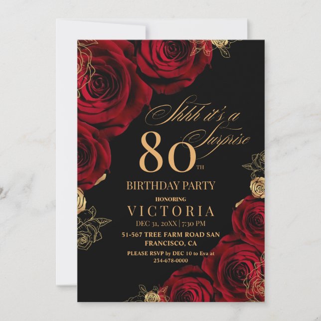 Elegant Black and Red Roses Floral 80th Birthday  Invitation (Front)
