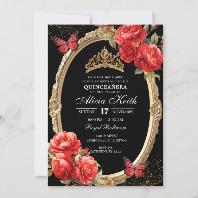 Elegant Black and Red Roses Gold Quinceanera Invitation (Front)
