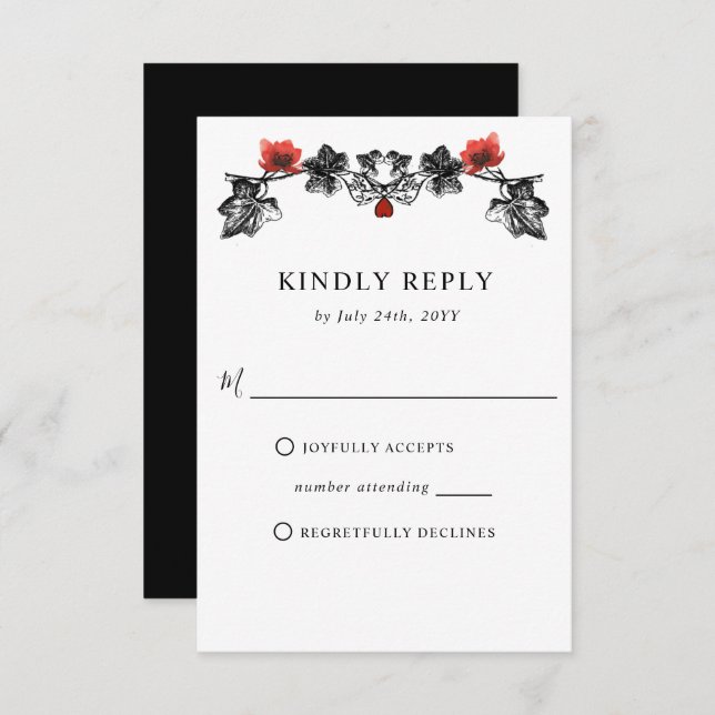 Elegant Black and Red Victorian Gothic Wedding RSVP Card (Front/Back)