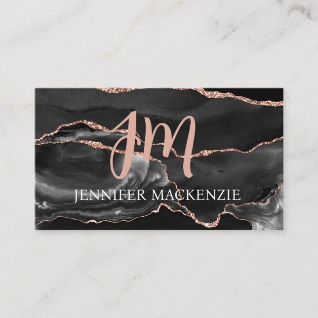 Elegant Black and Rose Gold Agate Luxury Business Card (Front)
