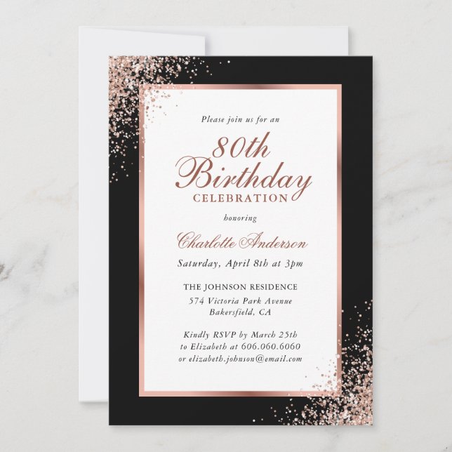 Elegant Black and Rose Gold Confetti 80th Birthday Invitation (Front)