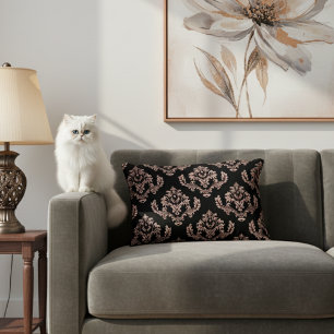 Elegant Black and Rose Gold Damask Accent Pillow