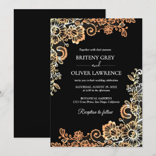 Elegant Black and Rose Gold Floral Lace Wedding  Invitation
