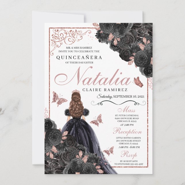 Elegant Black and Rose Gold Floral Quinceanera Inv Invitation (Front)
