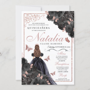 Elegant Black and Rose Gold Floral Quinceanera Inv Invitation