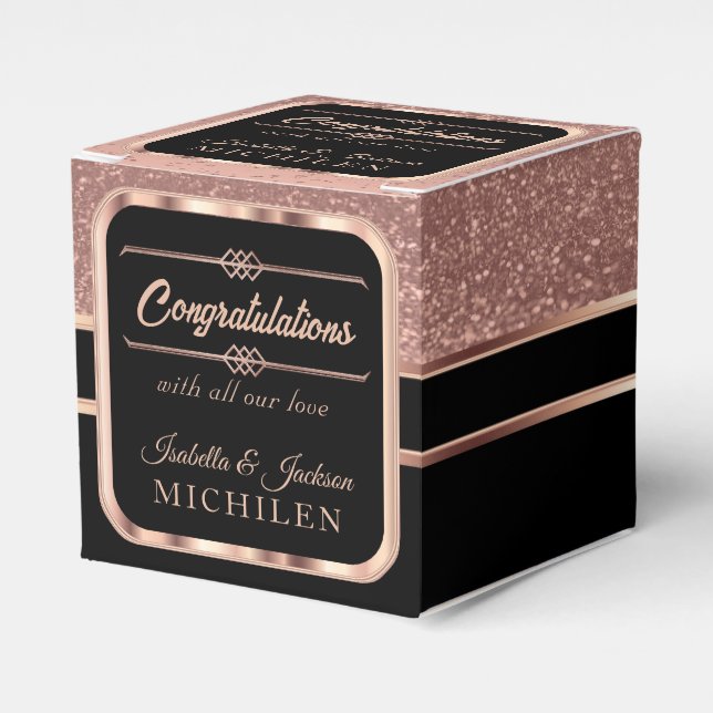 Elegant Black and Rose Gold Glitter Favour Box (Front Side)