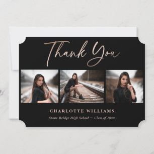 Elegant Black and Rose Gold Graduation Photo Thank You Card