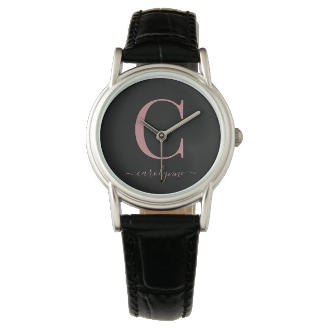 Elegant Black and Rose Gold Monogram Calligraphy Watch (Front)