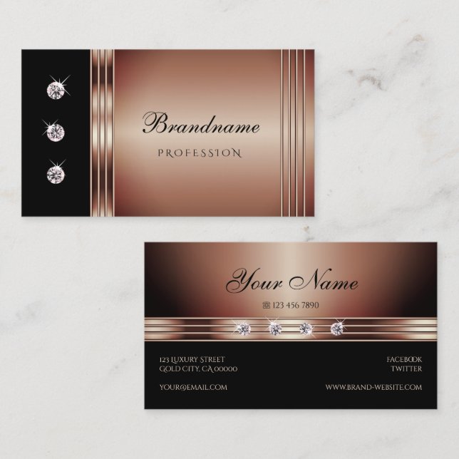 Elegant Black and Rose Gold Sparkling Diamonds Business Card (Front/Back)
