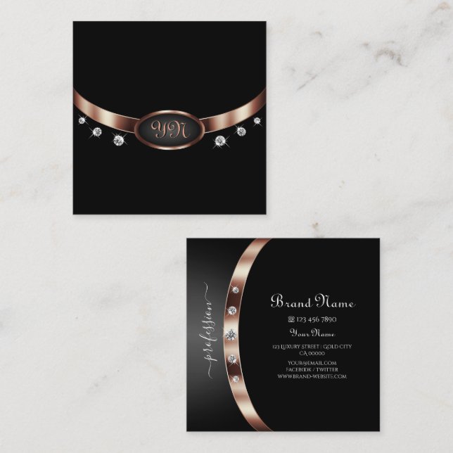 Elegant Black and Rose Gold with Monogram Diamonds Square Business Card (Front/Back)