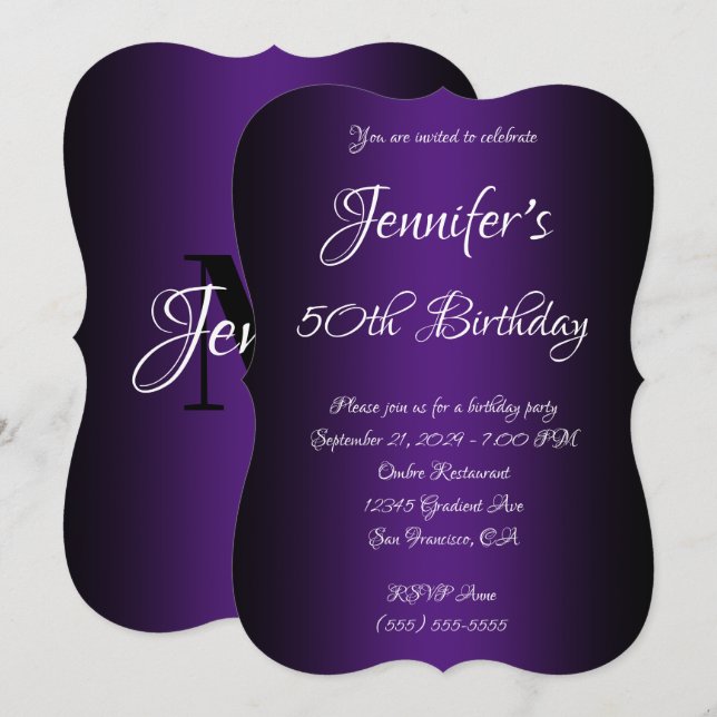 Elegant Black and Royal Purple Ombre 50th Birthday Invitation (Front/Back)