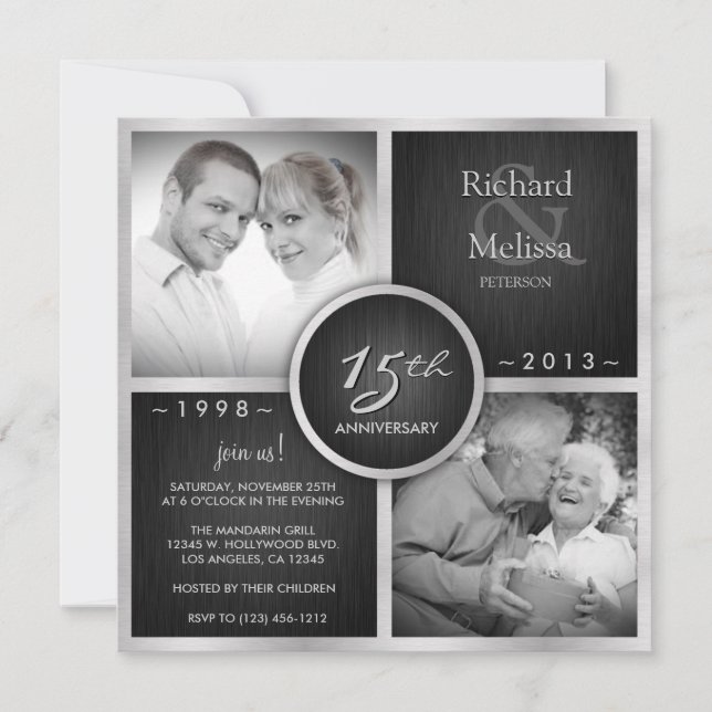 Elegant Black and Silver 15th Wedding Anniversary Invitation (Front)