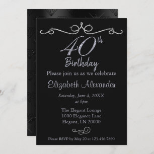 Elegant Black and Silver 40th Birthday  Invitation