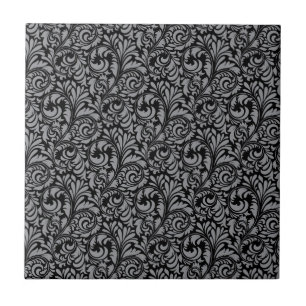 Elegant Black and Silver Damask Floral Pattern Ceramic Tile