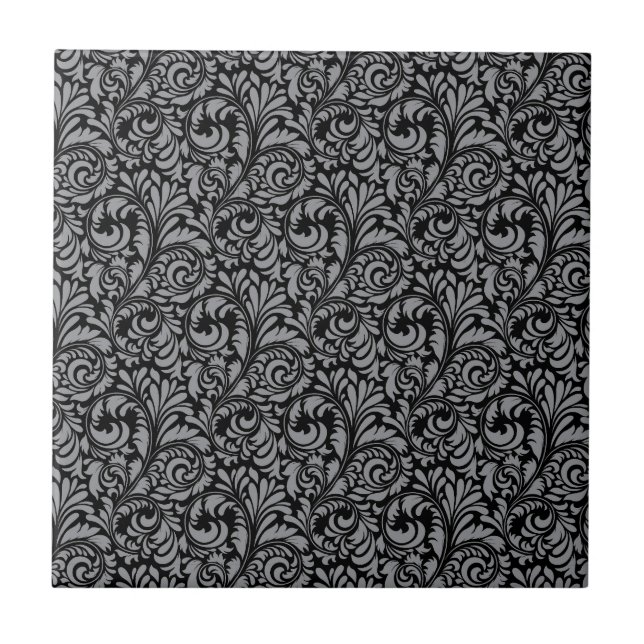 Elegant Black and Silver Damask Floral Pattern Ceramic Tile (Front)