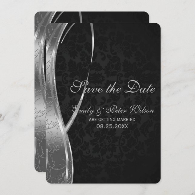Elegant Black And Silver Damask-Save The Date Invitation (Front/Back)