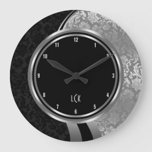 Elegant Black And Silver Damasks Silver Frame Large Clock