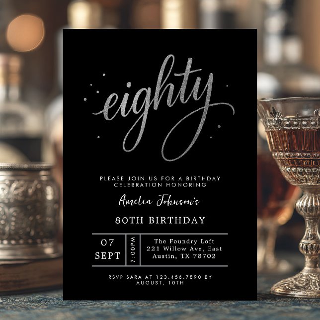 Elegant Black and Silver Eightieth 80th Birthday Invitation (Eighty and elegant ✨ Celebrate a lifetime of style with this black and silver invite.)