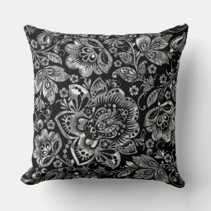 Elegant Black And Silver Floral Baroque Damask Cushion