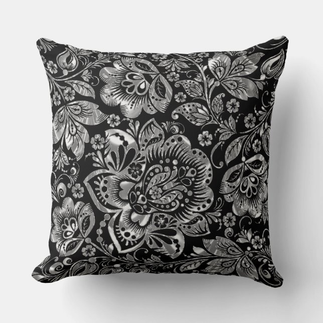 Elegant Black And Silver Floral Baroque Damask Cushion (Front)