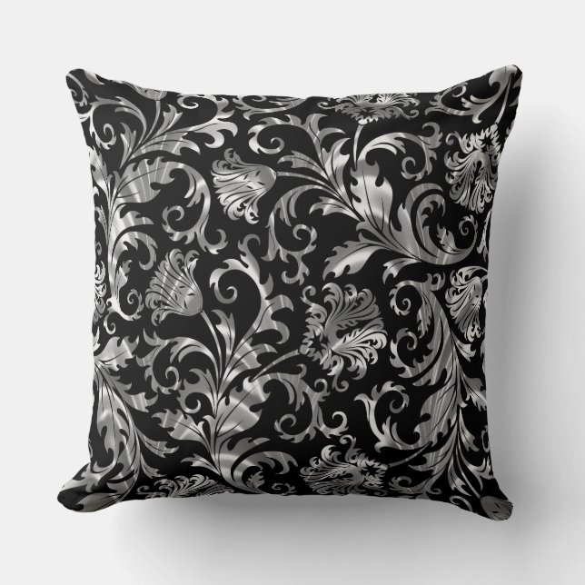 Elegant Black And Silver Floral Damask Cushion (Front)