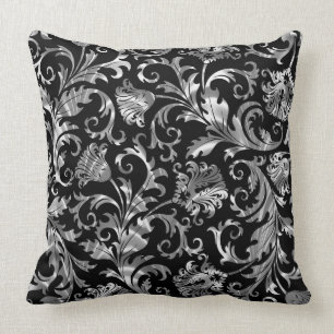 Elegant Black And Silver Floral Damask Cushion