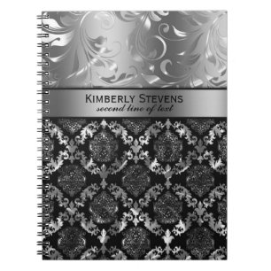 Elegant Black And Silver Floral Damasks Lace Notebook