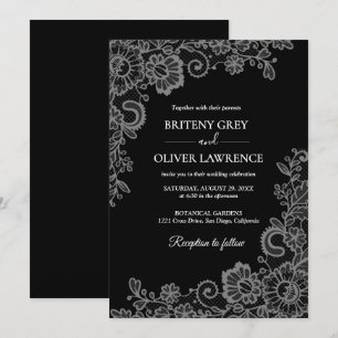 Elegant Black and Silver Floral Lace Wedding  Invitation