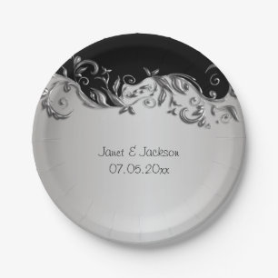Elegant Black and Silver Floral Wedding Design Paper Plate