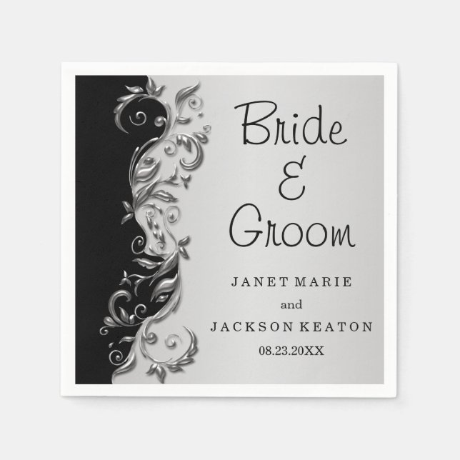 Elegant Black and Silver Floral Wedding Napkin (Front)
