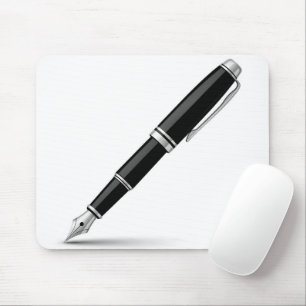 Elegant Black and Silver Fountain Pen Illustration Mouse Pad