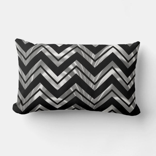 Elegant Black And Silver Geometric Chevron Pattern Lumbar Cushion (Front)