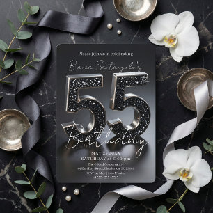 Elegant Black And Silver Glitter 55th Birthday Invitation