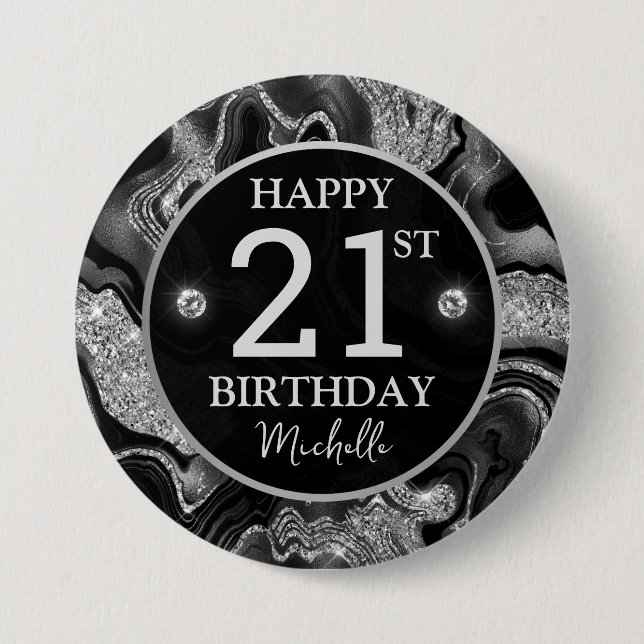Elegant Black and Silver Glitter Agate Birthday 7.5 Cm Round Badge (Front)