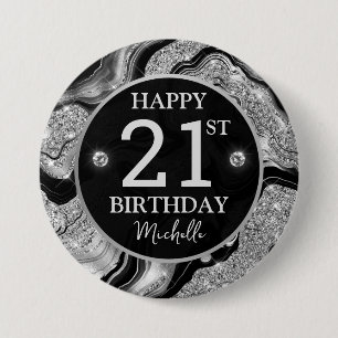 Elegant Black and Silver Glitter Agate Birthday 7.5 Cm Round Badge