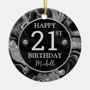 Elegant Black and Silver Glitter Agate Birthday Ceramic Ornament