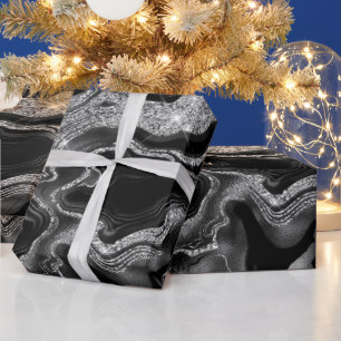 Elegant Black and Silver Glitter Agate Birthday Wrapping Paper