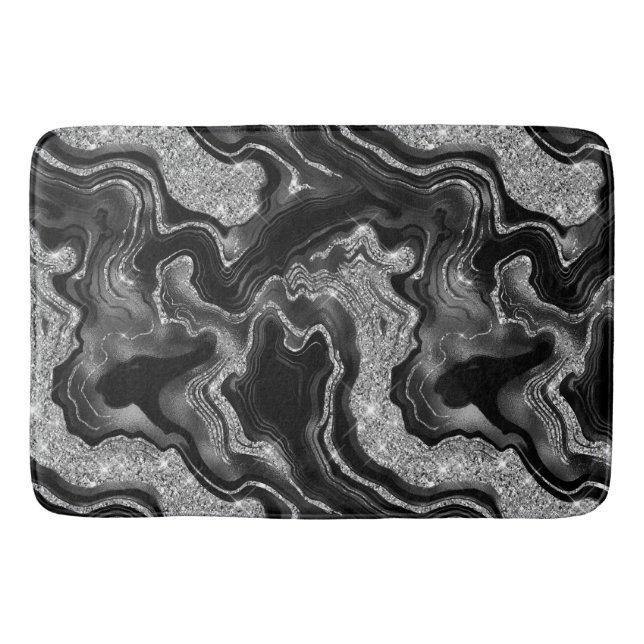 Elegant Black and Silver Glitter Agate Pattern Bath Mat (Front)