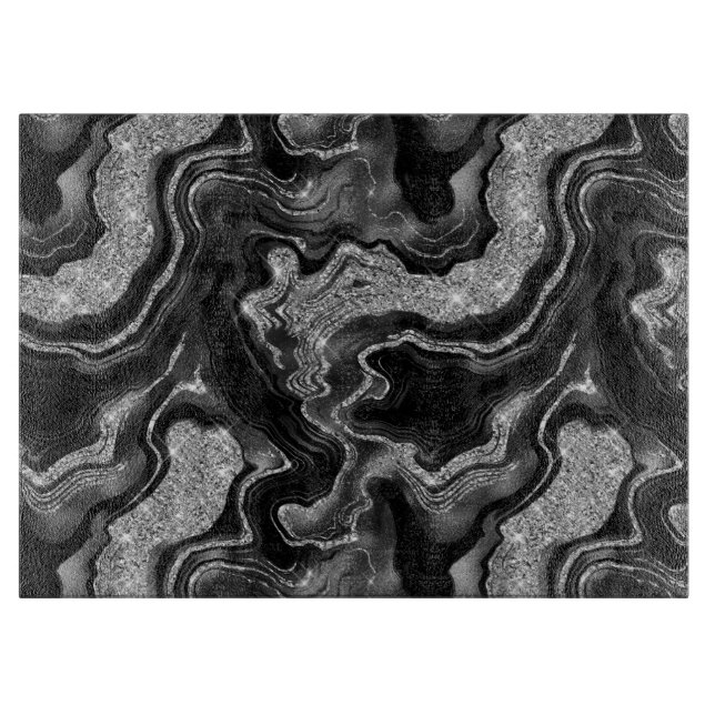Elegant Black and Silver Glitter Agate Pattern Cutting Board (Front)