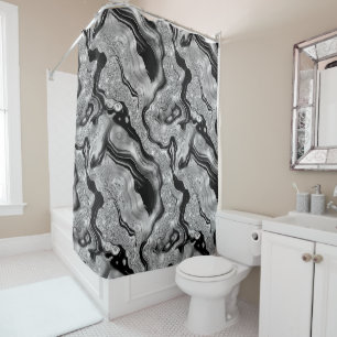 Elegant Black and Silver Glitter Agate Pattern Shower Curtain