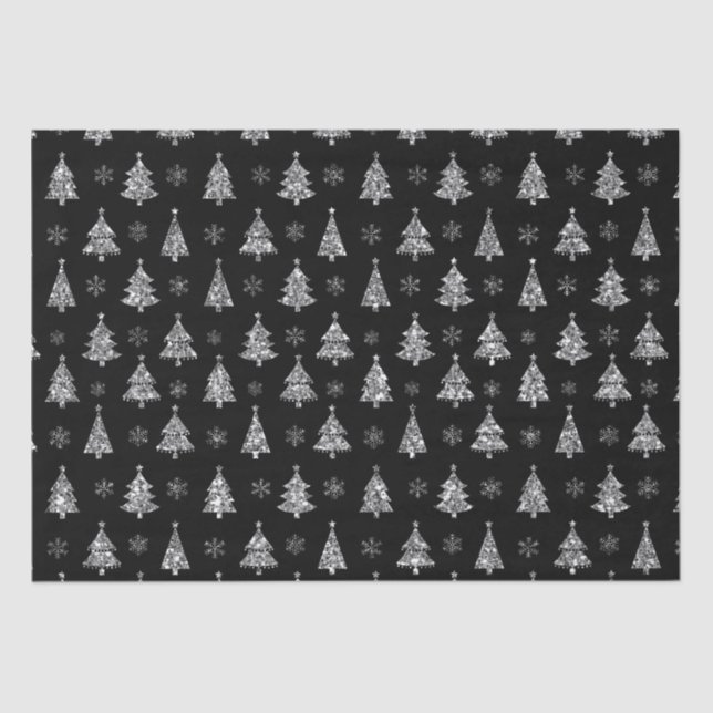 Elegant Black and Silver Glitter Christmas Trees Tissue Paper (Front)