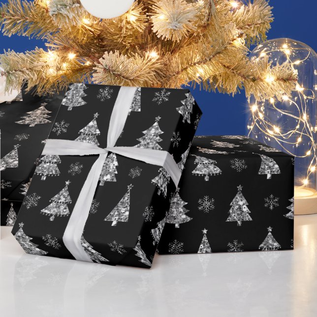 Elegant Black and Silver Glitter Christmas Trees Wrapping Paper (Holidays)