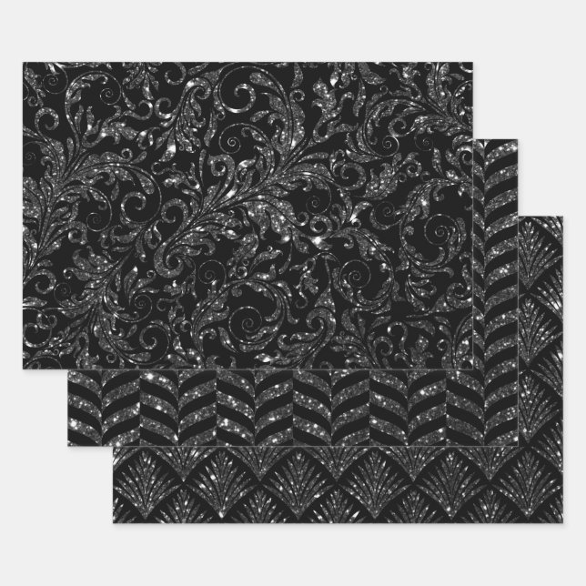 Elegant Black and Silver Glitter Patterns Wrapping Paper Sheet (Set)