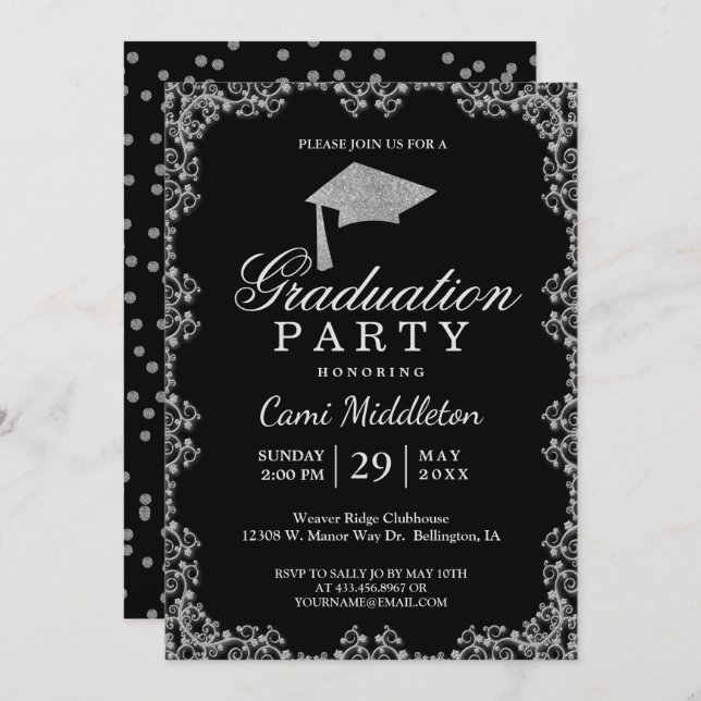 Elegant Black and Silver Graduation Invitation (Front/Back)