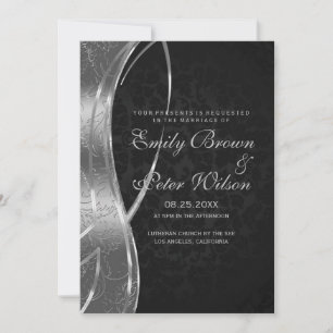 Elegant Black And Silver Grey Damask Wedding Invitation